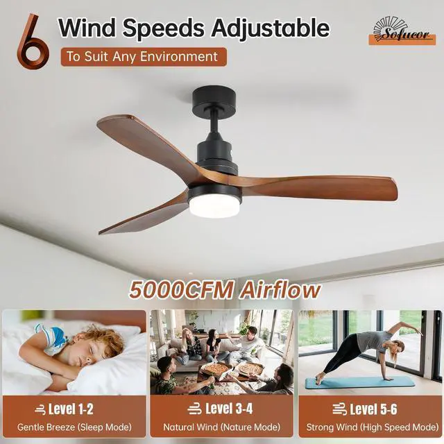 Alt view image 2 of 7 - Sofucor Wood Ceiling Fan with Light & Remote 6 Wind Speed Noiseless DC Motor 52 Inch Flush Mount Ceiling Fan Modern Wood Blade Fan For Bedroom Living Room Indoor Outdoor Farmhouse Patio