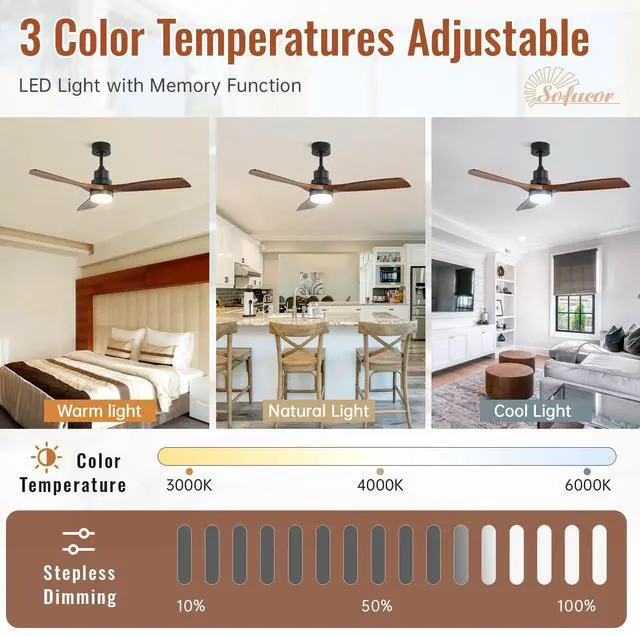 Alt view image 5 of 7 - Sofucor Wood Ceiling Fan with Light & Remote 6 Wind Speed Noiseless DC Motor 52 Inch Flush Mount Ceiling Fan Modern Wood Blade Fan For Bedroom Living Room Indoor Outdoor Farmhouse Patio