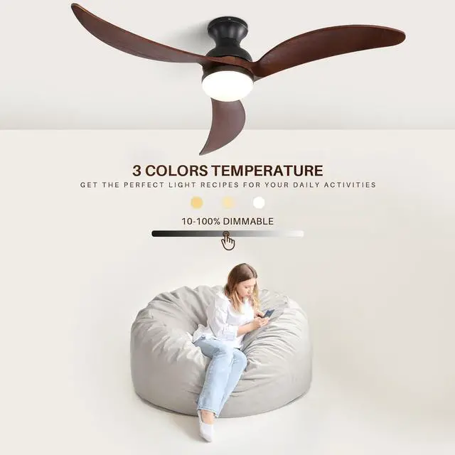 Alt view image 5 of 7 - Sofucor 52" Flush Mount Ceiling Fan with Lights and Remote Control Smart App Wifi Low Profile Ceiling Fan 3 Solid Wood Blades Reversible DC Motor High CFM Dimmable Noiseless for Indoor Bedroom/Outdoor