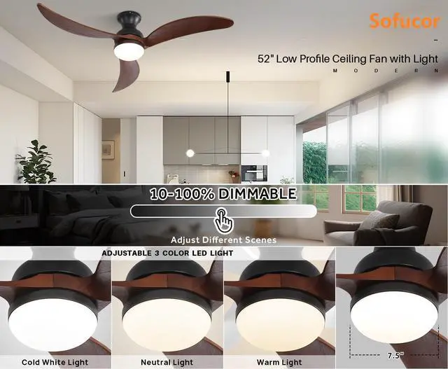 Alt view image 4 of 7 - Sofucor 52" Flush Mount Ceiling Fan with Lights and Remote Control Smart App Wifi Low Profile Ceiling Fan 3 Solid Wood Blades Reversible DC Motor High CFM Dimmable Noiseless for Indoor Bedroom/Outdoor
