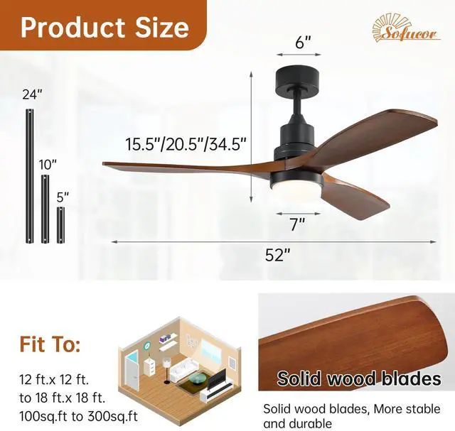 Alt view image 6 of 7 - Sofucor Wood Ceiling Fan with Light & Remote 6 Wind Speed Noiseless DC Motor 52 Inch Flush Mount Ceiling Fan Modern Wood Blade Fan For Bedroom Living Room Indoor Outdoor Farmhouse Patio