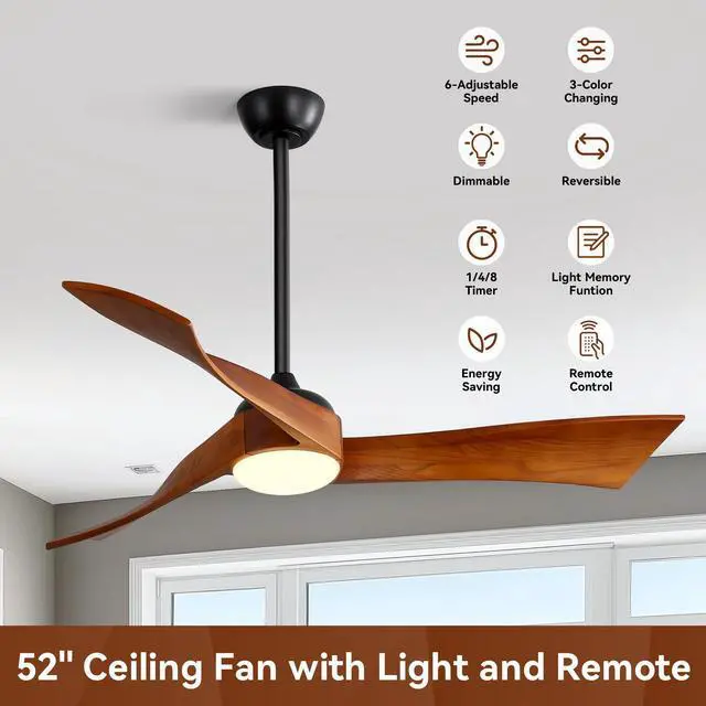 Alt view image 7 of 7 - Sofucor 52" Ceiling Fans with Lights Remote Control Dimming LED Lighting 3 Carved Blades for Wave Modern Ceiling Fan with Remote Indoor Outdoor Ceiling Fan for Patios with 6 Speeds