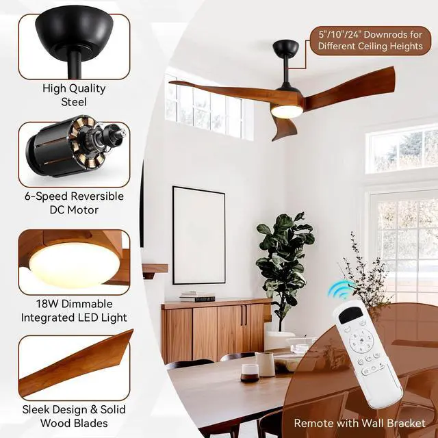 Alt view image 5 of 7 - Sofucor 52" Ceiling Fans with Lights Remote Control Dimming LED Lighting 3 Carved Blades for Wave Modern Ceiling Fan with Remote Indoor Outdoor Ceiling Fan for Patios with 6 Speeds