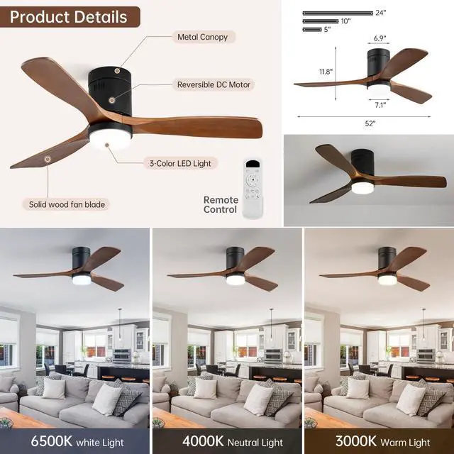 Alt view image 3 of 7 - Sofucor Ceiling Fan with Lights 52 Inch Flush Mount Ceiling Fan with Remote Control Dimmable LED Wood Blades Modern Outdoor Ceiling Fans for Bedroom/Farmhouse/Patio/Indoor Quiet Reversible DC Motor