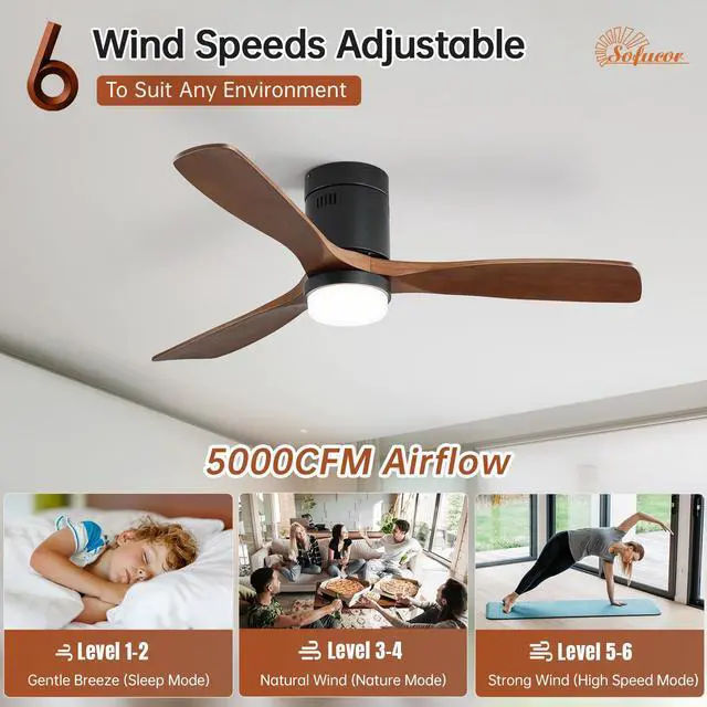 Alt view image 4 of 7 - Sofucor Ceiling Fan with Lights 52 Inch Flush Mount Ceiling Fan with Remote Control Dimmable LED Wood Blades Modern Outdoor Ceiling Fans for Bedroom/Farmhouse/Patio/Indoor Quiet Reversible DC Motor