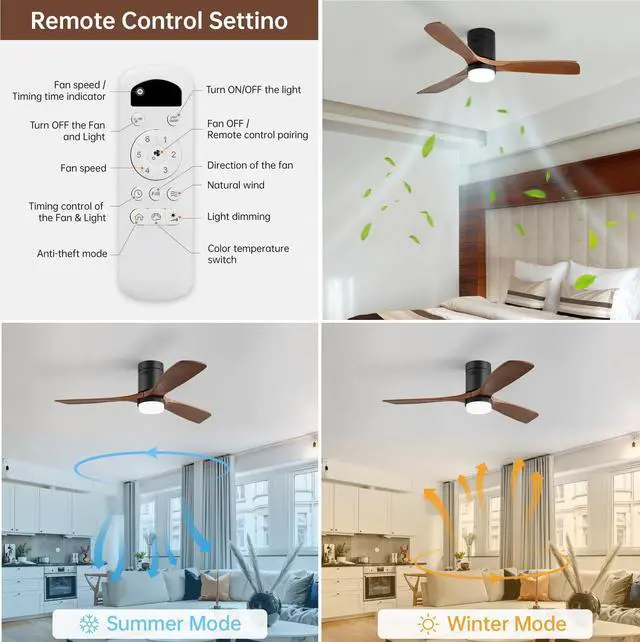 Alt view image 2 of 7 - Sofucor Ceiling Fan with Lights 52 Inch Flush Mount Ceiling Fan with Remote Control Dimmable LED Wood Blades Modern Outdoor Ceiling Fans for Bedroom/Farmhouse/Patio/Indoor Quiet Reversible DC Motor