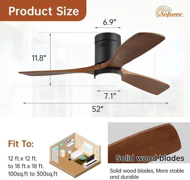 Alt view image 6 of 7 - Sofucor Ceiling Fan with Lights 52 Inch Flush Mount Ceiling Fan with Remote Control Dimmable LED Wood Blades Modern Outdoor Ceiling Fans for Bedroom/Farmhouse/Patio/Indoor Quiet Reversible DC Motor