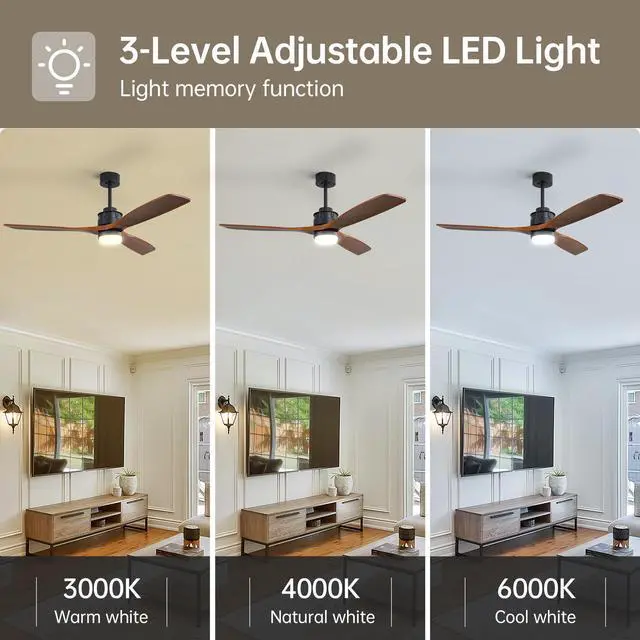 Alt view image 2 of 7 - Sofucor 60 Inch Solid Wood Ceiling Fan with Lights and Remote, Low Profile Brown Black Ceiling Fan with 3 Downrod, Outdoor Indoor Modern 3 Blade Ceiling Fans for Bedroom Living Room Farmhouse Patio