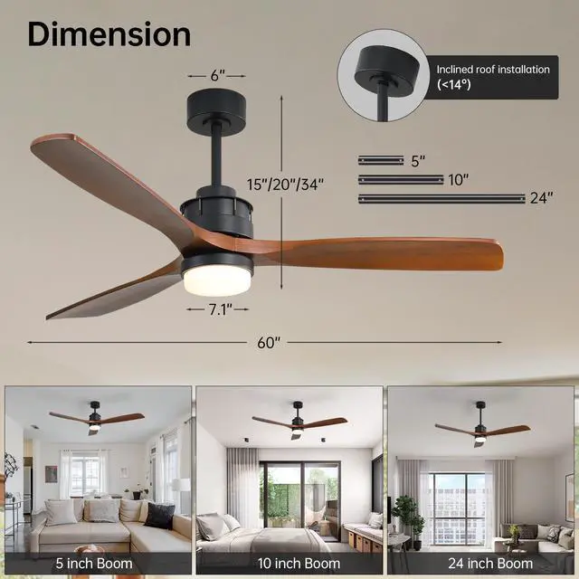 Alt view image 5 of 7 - Sofucor 60 Inch Solid Wood Ceiling Fan with Lights and Remote, Low Profile Brown Black Ceiling Fan with 3 Downrod, Outdoor Indoor Modern 3 Blade Ceiling Fans for Bedroom Living Room Farmhouse Patio