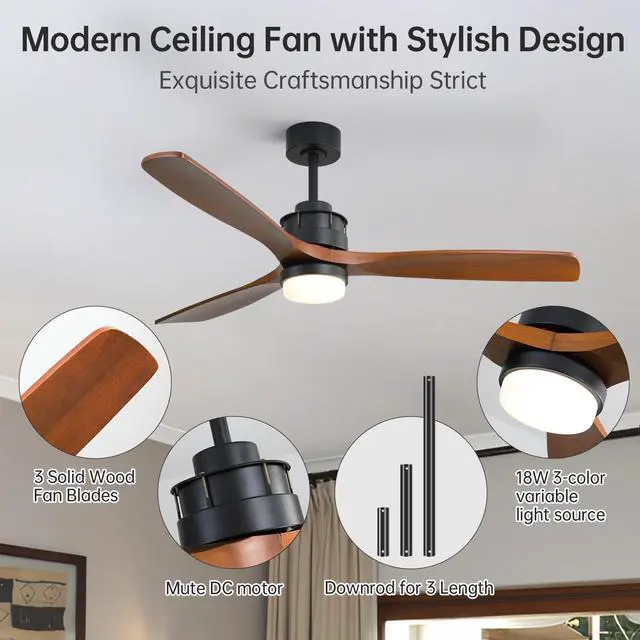 Alt view image 6 of 7 - Sofucor 60 Inch Solid Wood Ceiling Fan with Lights and Remote, Low Profile Brown Black Ceiling Fan with 3 Downrod, Outdoor Indoor Modern 3 Blade Ceiling Fans for Bedroom Living Room Farmhouse Patio