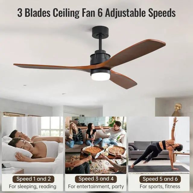 Alt view image 3 of 7 - Sofucor 60 Inch Solid Wood Ceiling Fan with Lights and Remote, Low Profile Brown Black Ceiling Fan with 3 Downrod, Outdoor Indoor Modern 3 Blade Ceiling Fans for Bedroom Living Room Farmhouse Patio