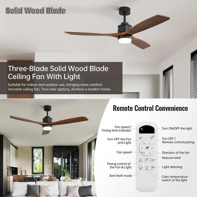 Alt view image 4 of 7 - Sofucor 60 Inch Solid Wood Ceiling Fan with Lights and Remote, Low Profile Brown Black Ceiling Fan with 3 Downrod, Outdoor Indoor Modern 3 Blade Ceiling Fans for Bedroom Living Room Farmhouse Patio
