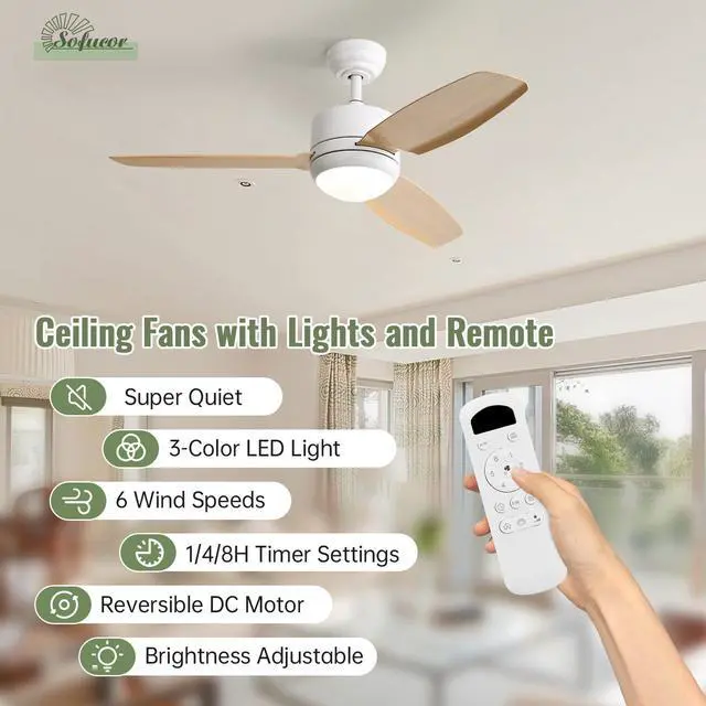 Alt view image 2 of 7 - Sofucor Ceiling Fans with Lights and Remote Modern Ceiling Fan with Light Strong Airflow 46 inch Bedroom Ceiling Fan Dimmable LED 6-Speed 3-Timer Reversible DC Motor for Bedroom Living Room