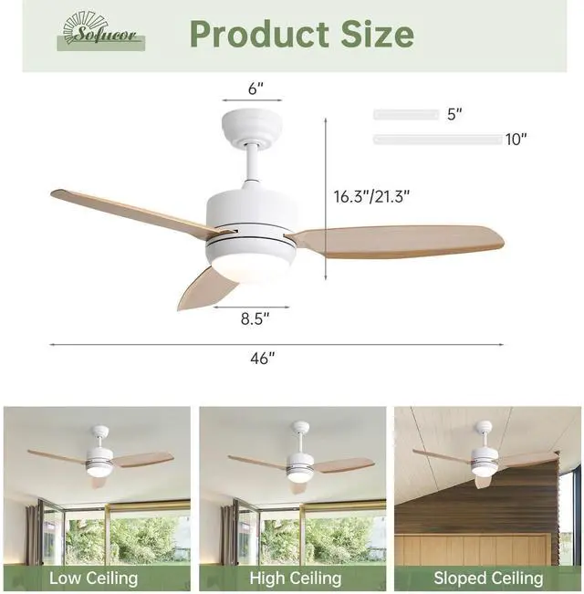 Alt view image 3 of 7 - Sofucor Ceiling Fans with Lights and Remote Modern Ceiling Fan with Light Strong Airflow 46 inch Bedroom Ceiling Fan Dimmable LED 6-Speed 3-Timer Reversible DC Motor for Bedroom Living Room