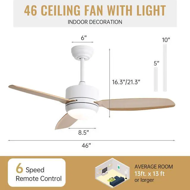 Alt view image 4 of 7 - Sofucor Ceiling Fans with Lights and Remote Modern Ceiling Fan with Light Strong Airflow 46 inch Bedroom Ceiling Fan Dimmable LED 6-Speed 3-Timer Reversible DC Motor for Bedroom Living Room