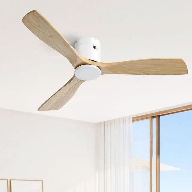 Alt view image 2 of 7 - Sofucor 52 Inch Solid Wood Ceiling Fan Without Lights Flush Mount Ceiling Fan with Remote Control White Wood Blades Modern Outdoor Ceiling Fans No Light for Bedroom/Farmhouse/Patio/Indoor