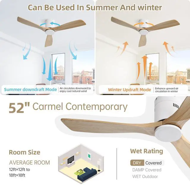 Alt view image 3 of 7 - Sofucor 52 Inch Solid Wood Ceiling Fan Without Lights Flush Mount Ceiling Fan with Remote Control White Wood Blades Modern Outdoor Ceiling Fans No Light for Bedroom/Farmhouse/Patio/Indoor