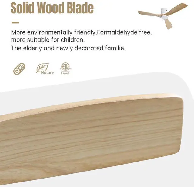 Alt view image 7 of 7 - Sofucor 52 Inch Solid Wood Ceiling Fan Without Lights Flush Mount Ceiling Fan with Remote Control White Wood Blades Modern Outdoor Ceiling Fans No Light for Bedroom/Farmhouse/Patio/Indoor