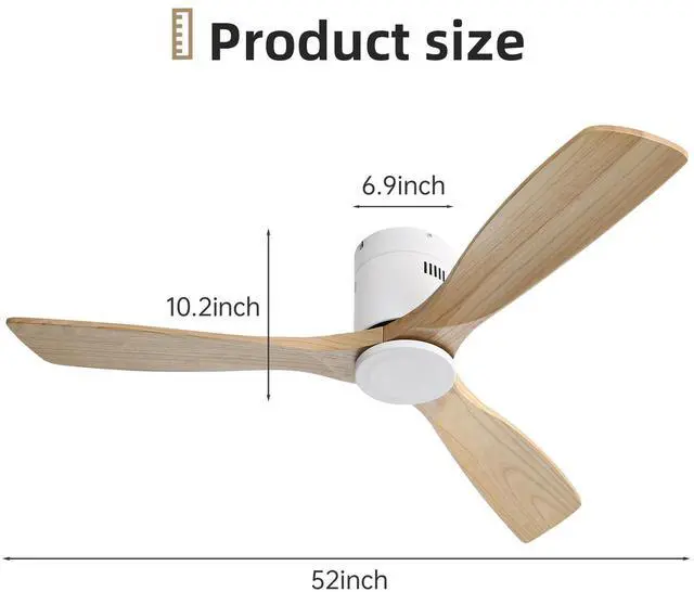 Alt view image 5 of 7 - Sofucor 52 Inch Solid Wood Ceiling Fan Without Lights Flush Mount Ceiling Fan with Remote Control White Wood Blades Modern Outdoor Ceiling Fans No Light for Bedroom/Farmhouse/Patio/Indoor