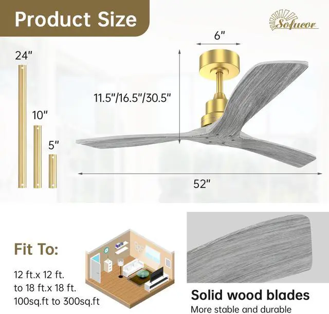 Alt view image 5 of 7 - Sofucor 52 Inch High CFM Quiet DC Motor Modern Ceiling Fan with Remote Control Modern Solid Wood Ceiling Fan Quiet DC Motor 3 Rods & 6 Speeds Timer & Reversible for Bedroom Living Room