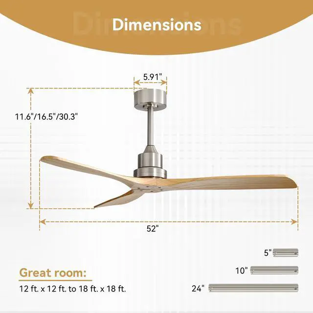 Alt view image 3 of 7 - Sofucor 52 Inch Ceiling Fan with Remote 3 Blade Carved Wood Fan Without No Light Reversible DC Motor for Indoor Outdoor Bedroom Living Room Patios Farmhouse