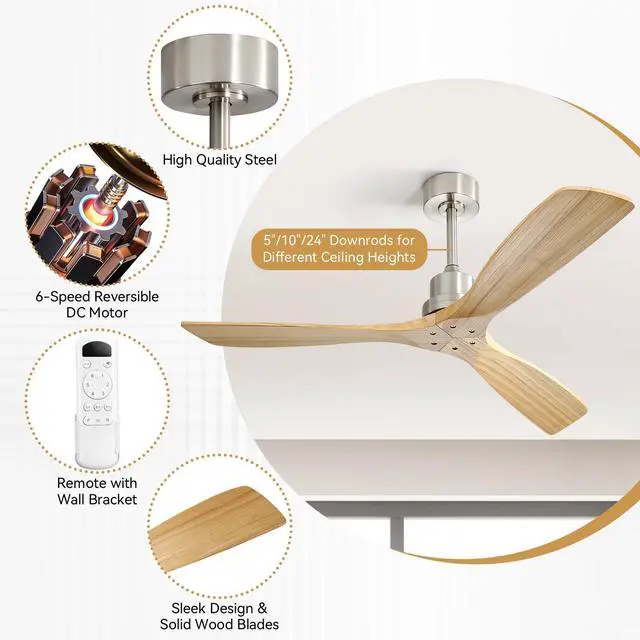 Alt view image 7 of 7 - Sofucor 52 Inch Ceiling Fan with Remote 3 Blade Carved Wood Fan Without No Light Reversible DC Motor for Indoor Outdoor Bedroom Living Room Patios Farmhouse