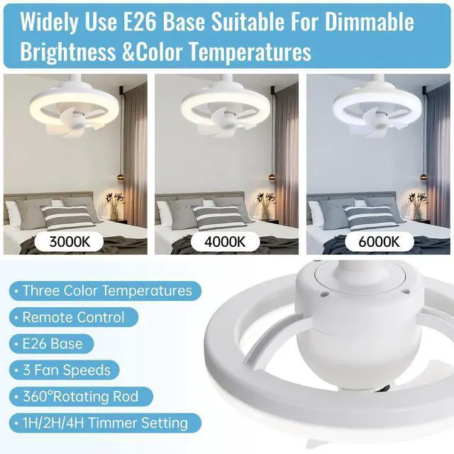 Alt view image 2 of 7 - Sofucor 10'' Adjustable Wind Speed Ceiling Fan With Dimmable LED Light Remote Control Socket Fan Light 360° Rotate Small Ceiling Fans Screw in E26 Base for Bedroom Living Room Kitchen