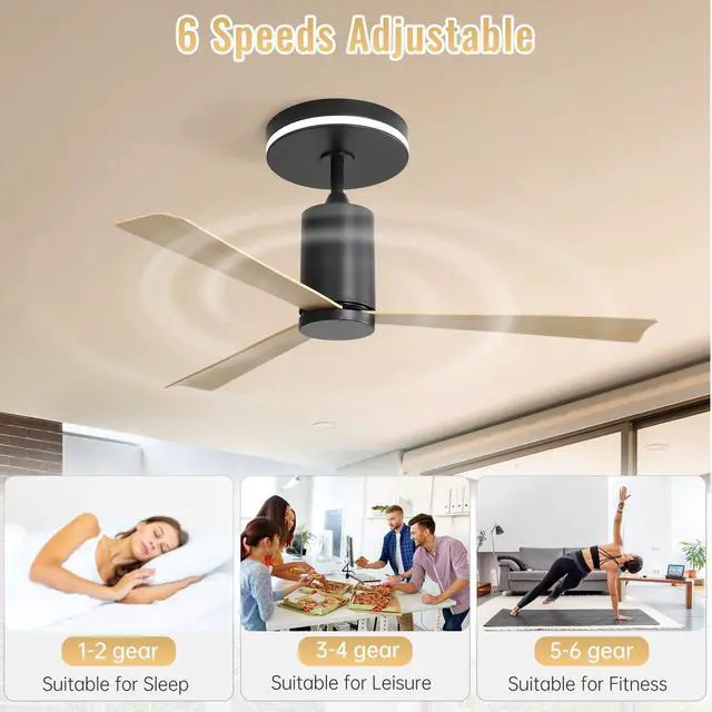 Alt view image 3 of 7 - Sofucor 52'' Flush Mount Ceiling Fan with Light and Remote Control Indoor Outdoor Reversible DC Bedroom Quiet Dimmable LED Lighting Ceiling Fan