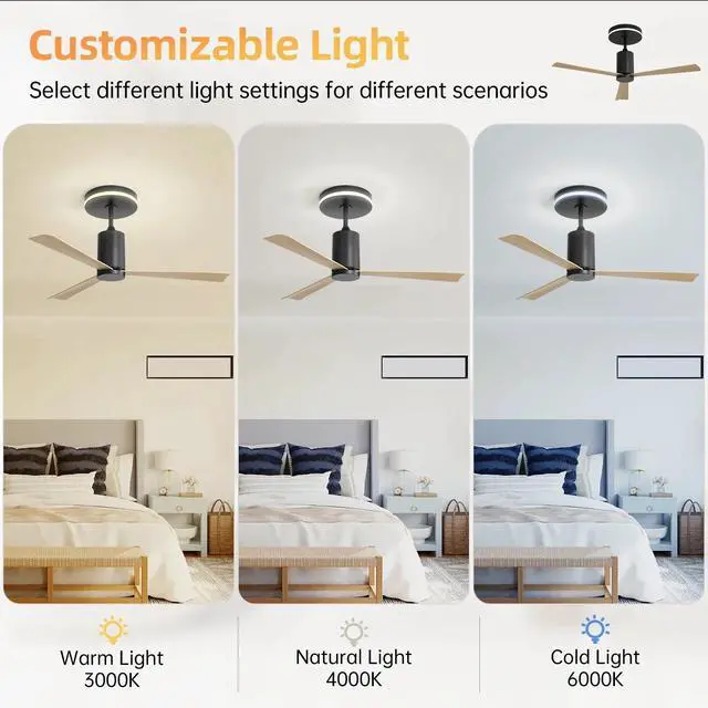 Alt view image 4 of 7 - Sofucor 52'' Flush Mount Ceiling Fan with Light and Remote Control Indoor Outdoor Reversible DC Bedroom Quiet Dimmable LED Lighting Ceiling Fan