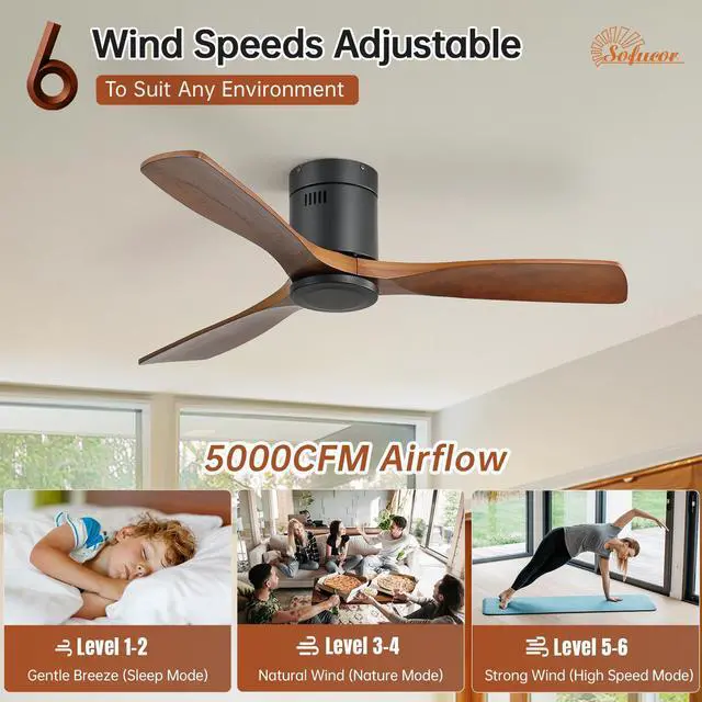 Alt view image 3 of 7 - Sofucor Ceiling Fan No Light 52" 3 Blades Modern Room Remote Control Timer Reversible 3 Blade Wood Flush Mount Ceiling Fan for Bedroom Farmhouse