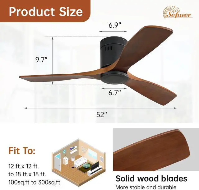 Alt view image 6 of 7 - Sofucor Ceiling Fan No Light 52" 3 Blades Modern Room Remote Control Timer Reversible 3 Blade Wood Flush Mount Ceiling Fan for Bedroom Farmhouse