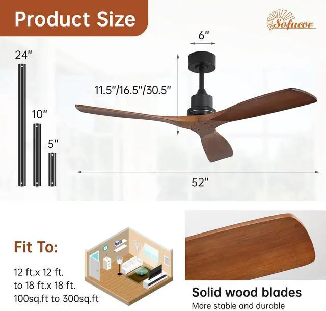 Alt view image 3 of 7 - Sofucor 52 Inch Ceiling Fan No Light Modern Solid Wood Ceiling Fan with Remote Quiet DC Motor 3 Down Rods & 6 Speeds Timer & Reversible for Bedroom Living Room Farmhouse