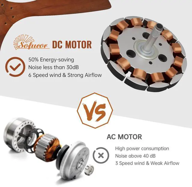 Alt view image 4 of 7 - Sofucor 52 Inch Ceiling Fan No Light Modern Solid Wood Ceiling Fan with Remote Quiet DC Motor 3 Down Rods & 6 Speeds Timer & Reversible for Bedroom Living Room Farmhouse