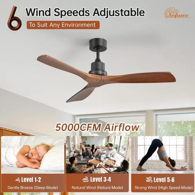 Alt view image 2 of 7 - Sofucor 52 Inch Ceiling Fan No Light Modern Solid Wood Ceiling Fan with Remote Quiet DC Motor 3 Down Rods & 6 Speeds Timer & Reversible for Bedroom Living Room Farmhouse