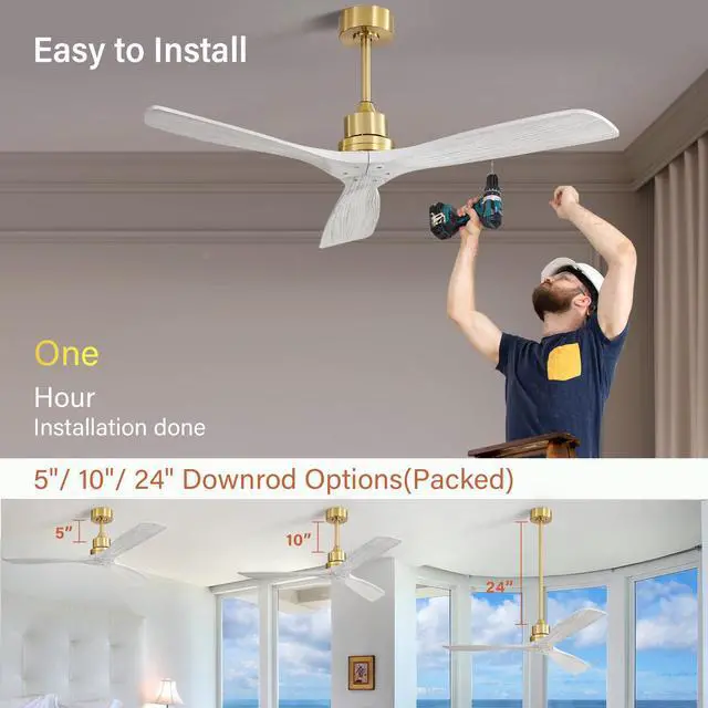 Alt view image 4 of 7 - Sofucor 52 Inch High CFM Quiet DC Motor Modern Ceiling Fan with Remote Control Modern Solid Wood Ceiling Fan Quiet DC Motor 3 Rods & 6 Speeds Timer & Reversible for Bedroom Living Room