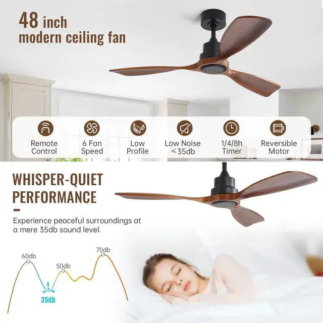Alt view image 3 of 7 - Sofucor 48" Wooden Ceiling Fan No Light with Remote Control for Living Room Farmhouse Ceiling Fan Without Light Solid Wood 3 Blade Ceiling Fans For Bedroom
