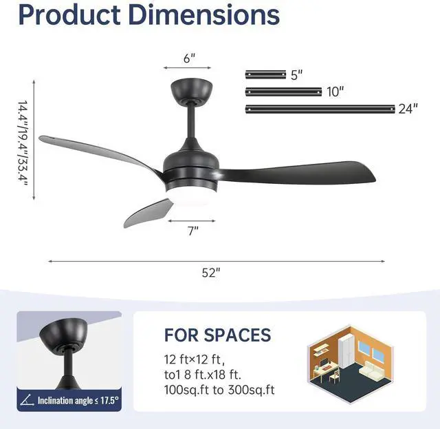 Alt view image 6 of 7 - Sofucor Matte Black 52in LED Ceiling Fan with Remote 6 Speeds Quiet DC Motor for Bedroom Indoor Outdoor Ceiling Fan with Dimmable LED and Quiet Reversible DC Motor