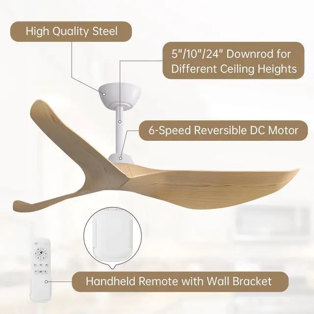 Alt view image 3 of 7 - Sofucor 52'' Downrod Ceiling Fan No Light with Remote Control Reversible 6 Speeds Timer Fan Indoor Outdoor Modern 3 Blades Noiseless Ceiling Fan for Living room Bedroom