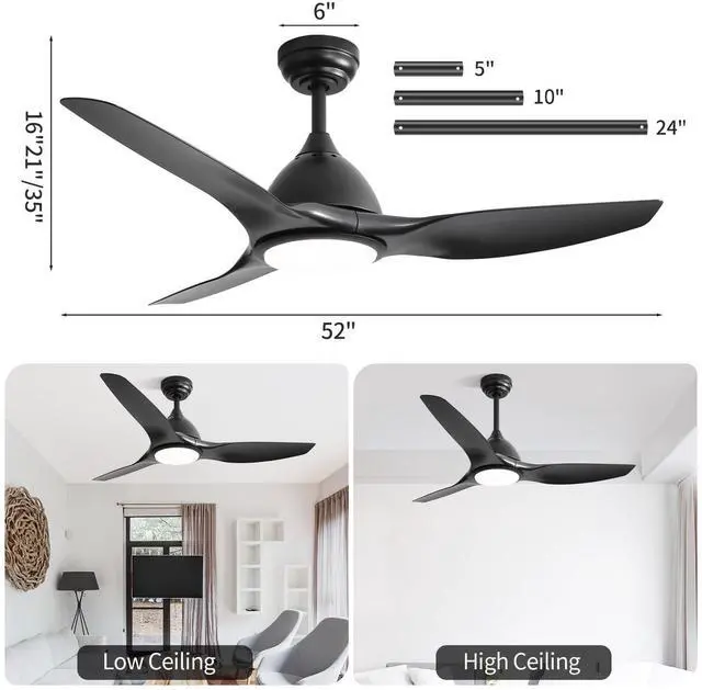 Alt view image 4 of 7 - Sofucor 52'' Casual Matte Black Indoor Ceiling Fan with Light Kit and Remote Bedroom Ceiling Fans High CFM Ceiling Fan Dimmable LED Lighting 6-Speed Ceiling Fan Indoor Outdoor