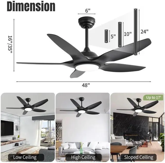 Alt view image 5 of 7 - Sofucor Fan 48 Inch Ceiling Fans w/ Lights & Remote Indoor Outdoor Energy Saving Black Low Profile Ceiling Fan 6 Wind Speed, LED Dimmable Ceiling Fans for Bedroom/Patios/Living Room