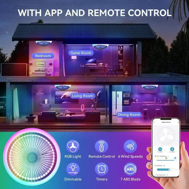 Alt view image 3 of 7 - Sofucor 15 Inch Flush Mount Ceiling Fans with Light and Remote/App Control 7 RGB Bedroom Bladeless Fan Modern Low Profile Dimmable LED Light Ceiling Fan