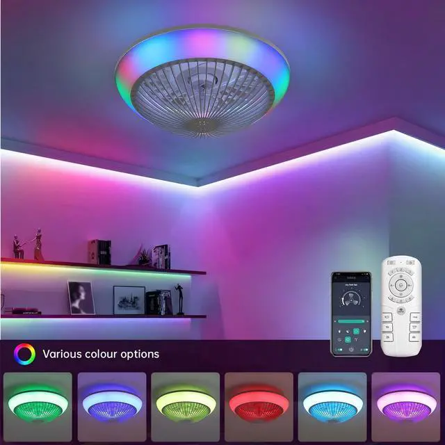 Alt view image 2 of 7 - Sofucor 15 Inch Flush Mount Ceiling Fans with Light and Remote/App Control 7 RGB Bedroom Bladeless Fan Modern Low Profile Dimmable LED Light Ceiling Fan