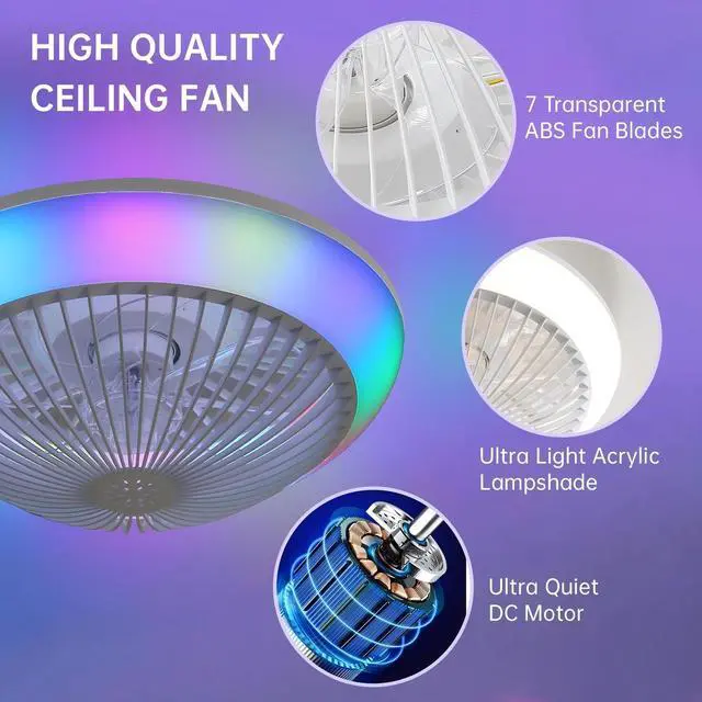 Alt view image 7 of 7 - Sofucor 15 Inch Flush Mount Ceiling Fans with Light and Remote/App Control 7 RGB Bedroom Bladeless Fan Modern Low Profile Dimmable LED Light Ceiling Fan