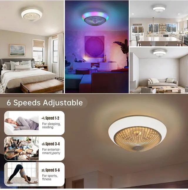 Alt view image 6 of 7 - Sofucor 15 Inch Flush Mount Ceiling Fans with Light and Remote/App Control 7 RGB Bedroom Bladeless Fan Modern Low Profile Dimmable LED Light Ceiling Fan