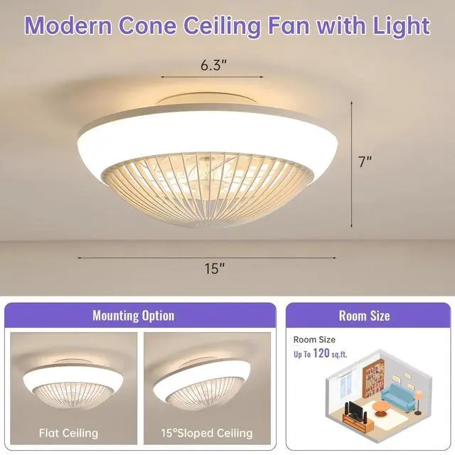 Alt view image 5 of 7 - Sofucor 15 Inch Flush Mount Ceiling Fans with Light and Remote/App Control 7 RGB Bedroom Bladeless Fan Modern Low Profile Dimmable LED Light Ceiling Fan