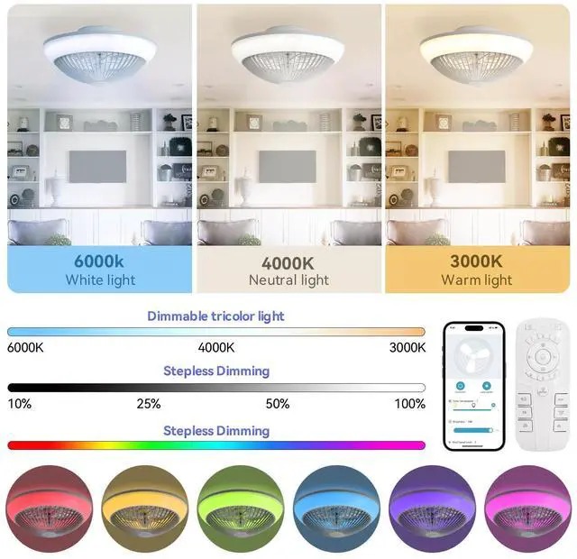 Alt view image 4 of 7 - Sofucor 15 Inch Flush Mount Ceiling Fans with Light and Remote/App Control 7 RGB Bedroom Bladeless Fan Modern Low Profile Dimmable LED Light Ceiling Fan