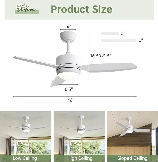 Alt view image 5 of 7 - Sofucor 46" Low Profile Ceiling Fan with Light & Remote Outdoor Indoor Patio Ceiling Fan With Dimmable LED Light Reversible DC Bedroom Ceiling Fan