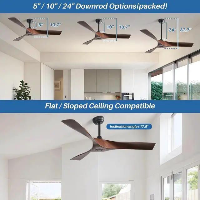 Alt view image 4 of 7 - Sofucor 52 Inch Ceiling Fan No Light 3 ABS Blades Low Profile Downrod Mount Ceiling Fans with Remote for Indoor/Outdoor Patio Garage Living Room Bedroom