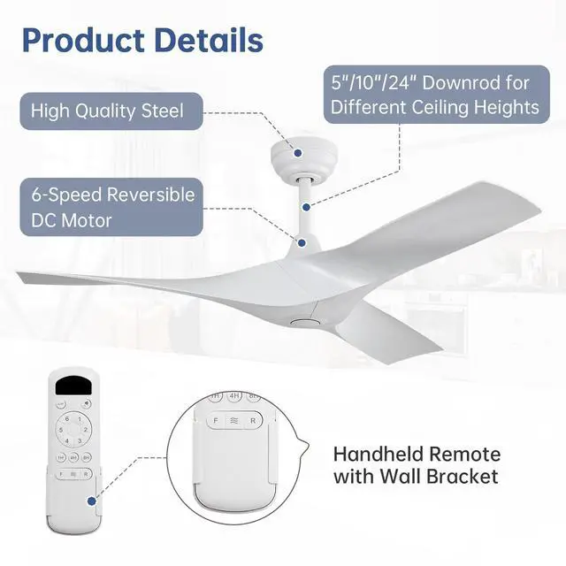 Alt view image 6 of 7 - Sofucor 52'' Low Profile Ceiling Fan with Remote Control No Light Outdoor/Indoor Farmhouse Bedroom Quiet Ceiling Fan