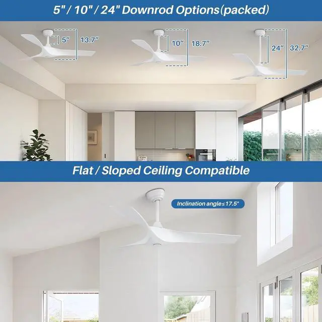 Alt view image 2 of 7 - Sofucor 52'' Low Profile Ceiling Fan with Remote Control No Light Outdoor/Indoor Farmhouse Bedroom Quiet Ceiling Fan